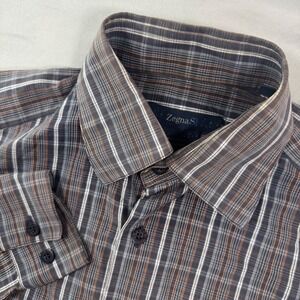 Zegna Sport Mens M Plaid Button Up Shirt Grey Cotton Made in Italy Office Career
